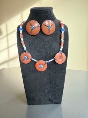 Vintage Tribal Terracotta Clay Bead Necklace Earring Set Boho Statement Artisan